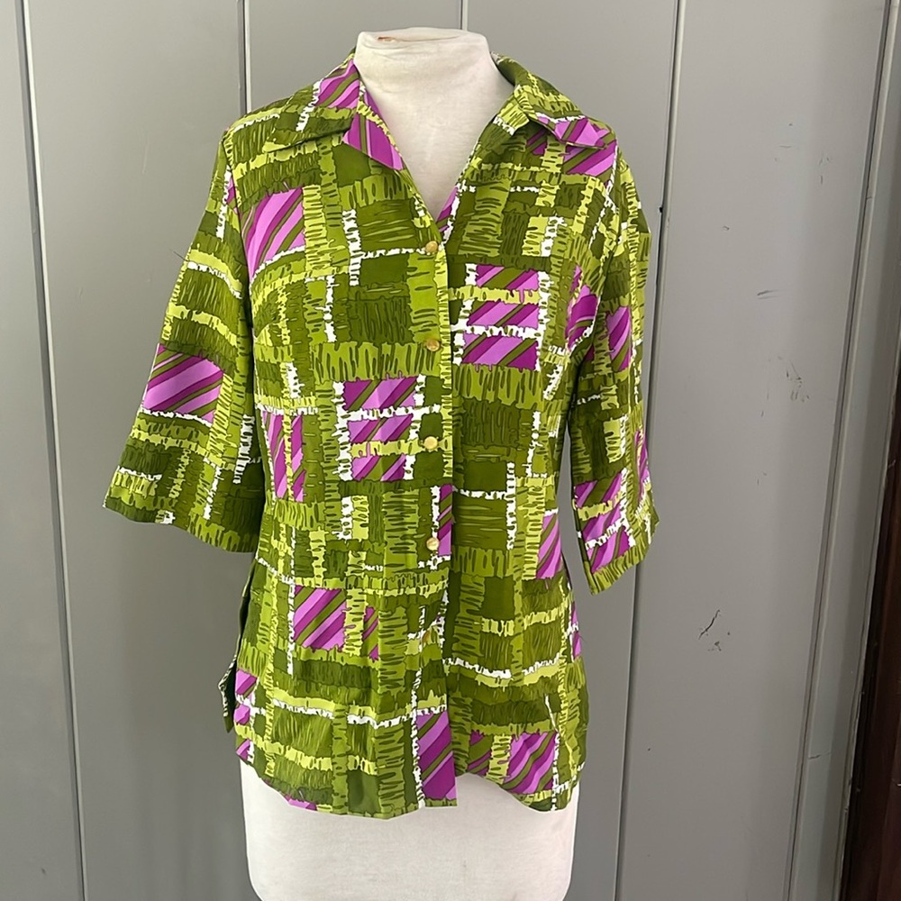 Pykettes Blouse Green Purple Vintage 60s 70s Mod Boho Hippie Retro Geometric